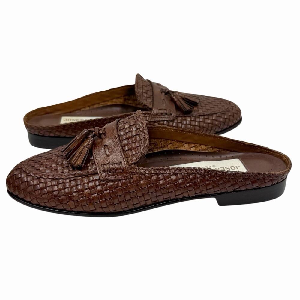 VINTAGE JONES NEW YORK SPORT BROWN WOVEN LEATHER MULE LOAFERS TASSEL FLATS 6 M